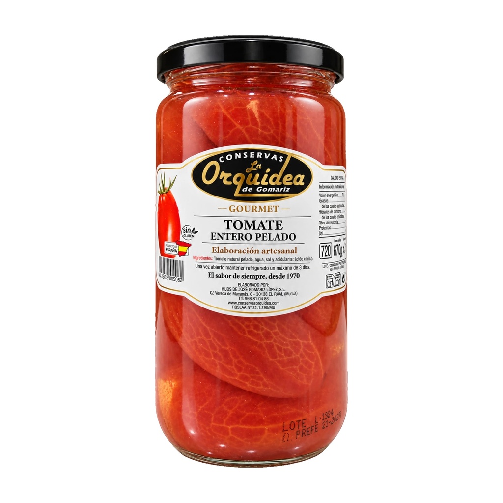 [GOURMET-TOMATE-V720] Tomate entero pelado calidad extra Gourmet en Cristal — 12 tarros de 670 g